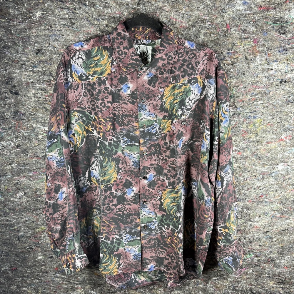 Vintage‎ B Max Shirt Mens Small Multicolor Silk Lion Animal Print Button Up 90s